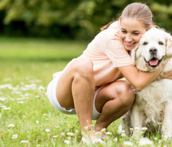 Frau umarmt ihren Hund Frau umarmt glücklich ihren Hund auf einer Wiese im Sommer